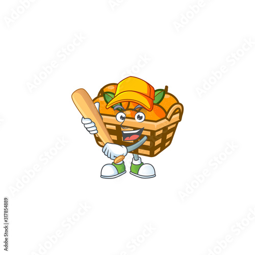 Sporty smiling basket oranges cartoon mascot with baseball