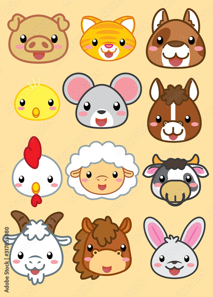 Collection of cute baby farm animals in cartoon, 12 item face animals