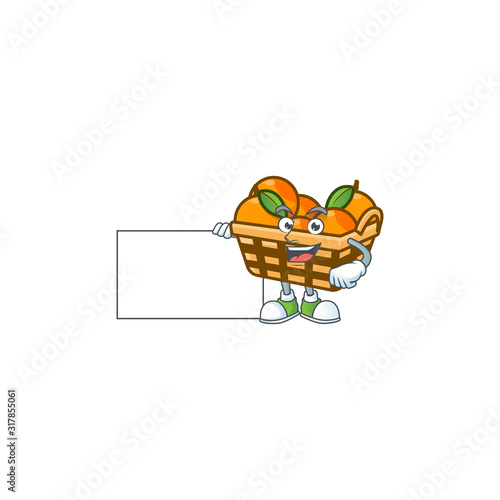 Cheerful basket oranges cartoon character having a board