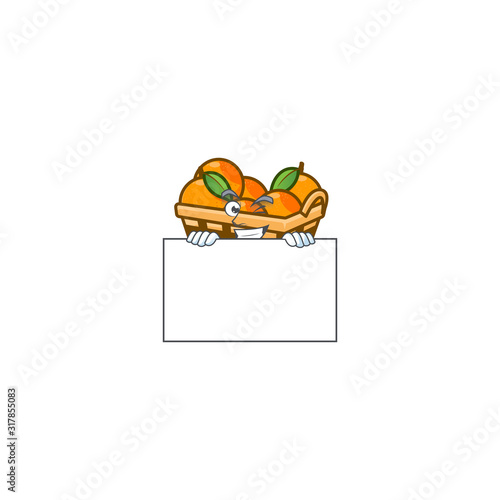 Grinning face basket oranges cartoon character style hides behind a board