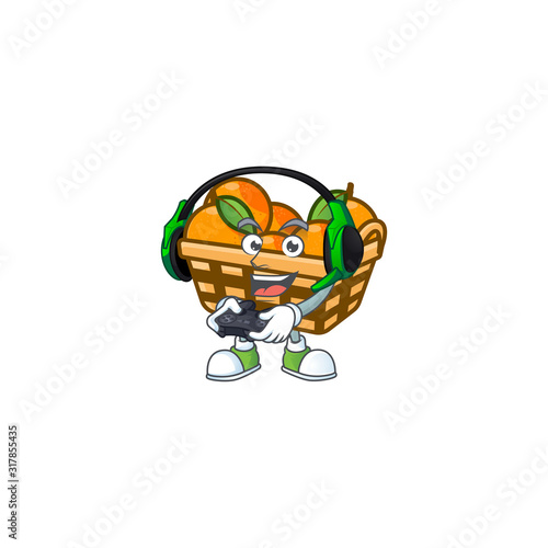 Cool basket oranges cartoon mascot with headphone and controller