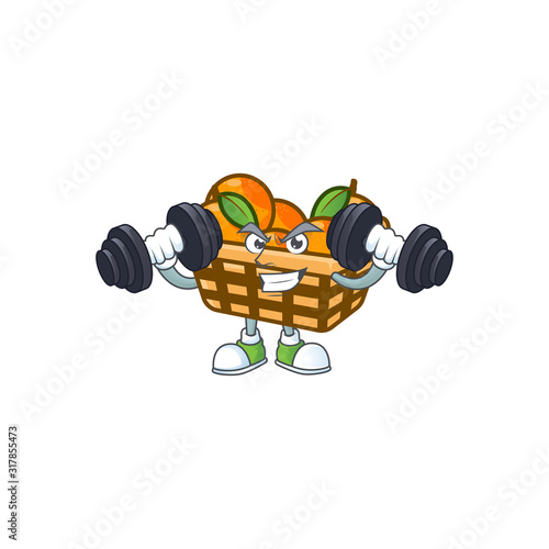 Fitness exercise basket oranges mascot icon with barbells