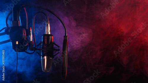 Canvas Print Close up studio condenser microphone on stand and anti-vibration mount