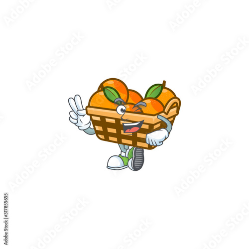 cartoon mascot design of basket oranges with two fingers