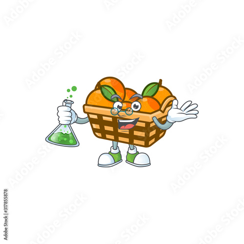 Smart Professor basket oranges cartoon character with glass tube