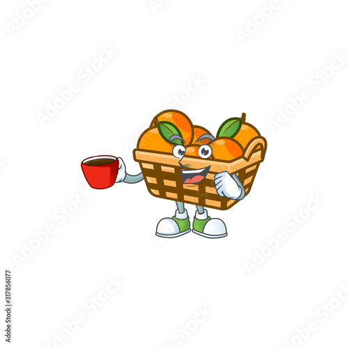 cartoon character of basket oranges with a cup of coffee
