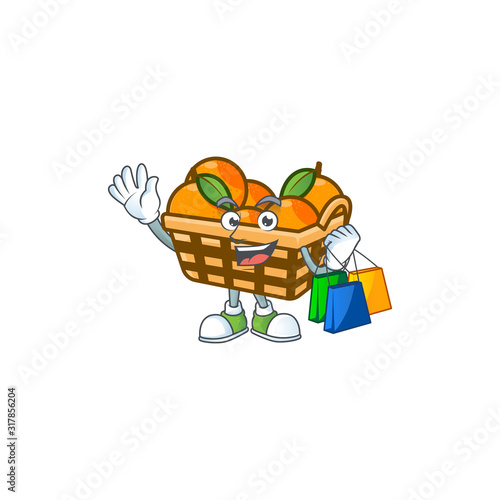 A happy rich basket oranges waving and holding Shopping bag