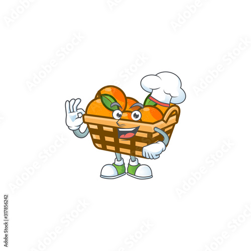 Basket oranges cartoon character wearing costume of chef and white hat