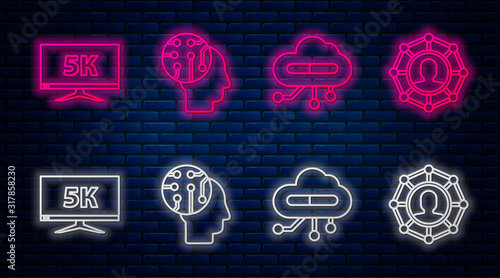 Set line Human brain as digital circuit board, Internet of things, Monitor display with 5k video and Project team base. Glowing neon icon on brick wall. Vector