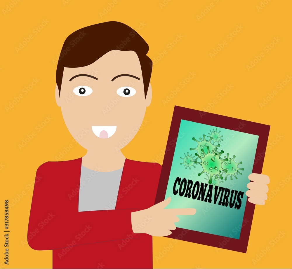 a man shows coronavirus molecules on a tablet a man shows coronavirus molecules on a tablet
