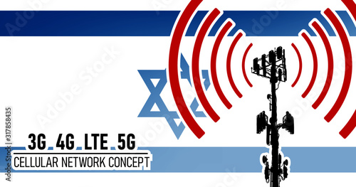 Cellular mobile tower - connection network concept for Israel, vector illustration of 3g 4g LTE and 5g dangerous waves from the cell tower, risk of 5G idea in colors blue, white