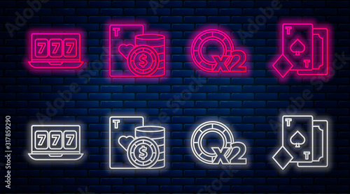 Set line Casino chip and playing cards, Casino chips, Online slot machine with lucky sevens jackpot and Playing card with spades. Glowing neon icon on brick wall. Vector