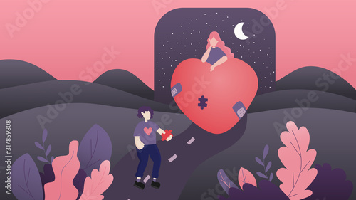 Man holding jigsaw  piece to fill in woman heart for healing her bad love experience; Valentine's day concept design illustration