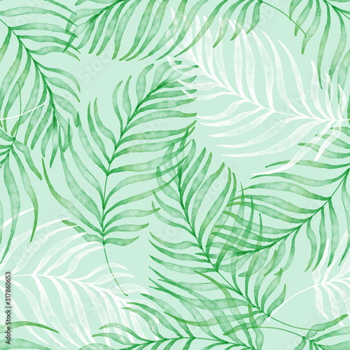Watercolor tropical palm leaves seamless pattern. Hand drawn floral background