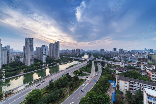 city highway interchange in shanghai on traffic rush hour