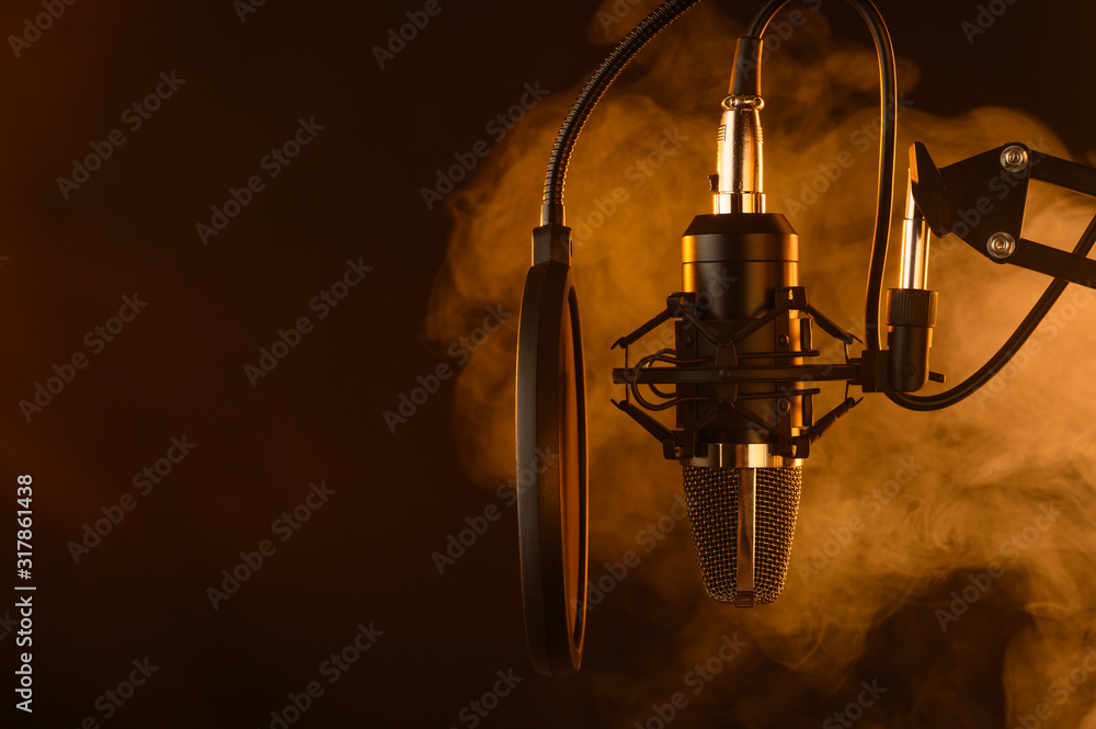 Close up studio condenser microphone on stand and anti-vibration mount. Live recording with colored lights background. Side view.Yellow light, smoke.Karaoke Close up studio condenser microphone on stand and anti-vibration mount. Live recording with colored lights background. Side view.Yellow light, smoke.Karaoke