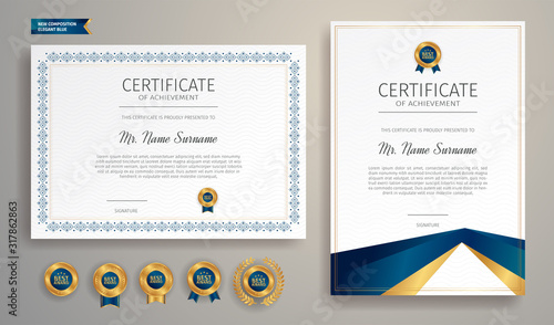 Blue and gold certificate of appreciation template with gold badge and border