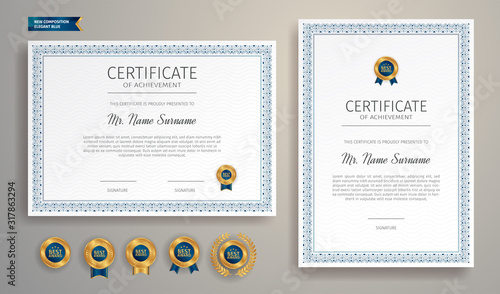 Blue and gold certificate of appreciation template with gold badge and border