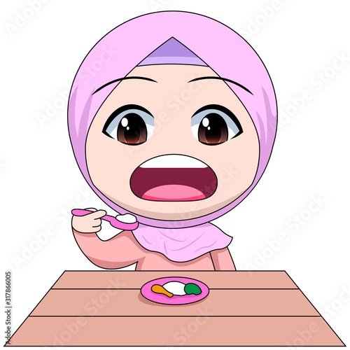 Chibi Muslim female cartoon characters. eating with a spoon. hungry, replenishes energy. vector