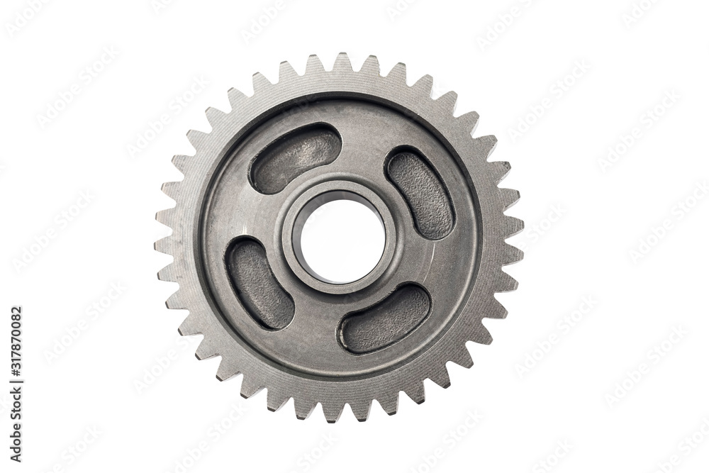 Old metal gear wheel or pinion part , Motorcycle Gear driven gear reduction ratio isolated on white background.clipping path included. Old metal gear wheel or pinion part , Motorcycle Gear driven gear reduction ratio isolated on white background.clipping path included.