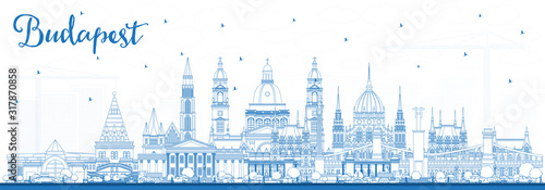 Outline Budapest Hungary City Skyline with Blue Buildings.