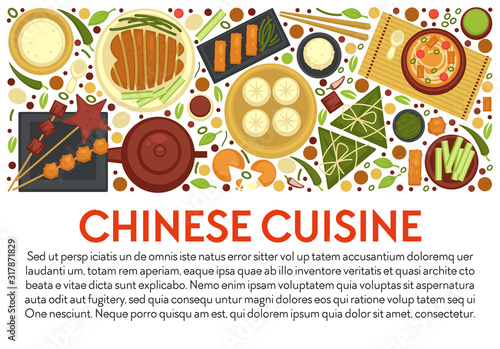 Chinese cuisine banner template with traditional dishes layout and text