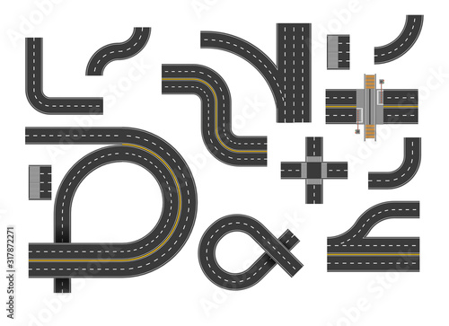 Road curves and bending highway roads top view set