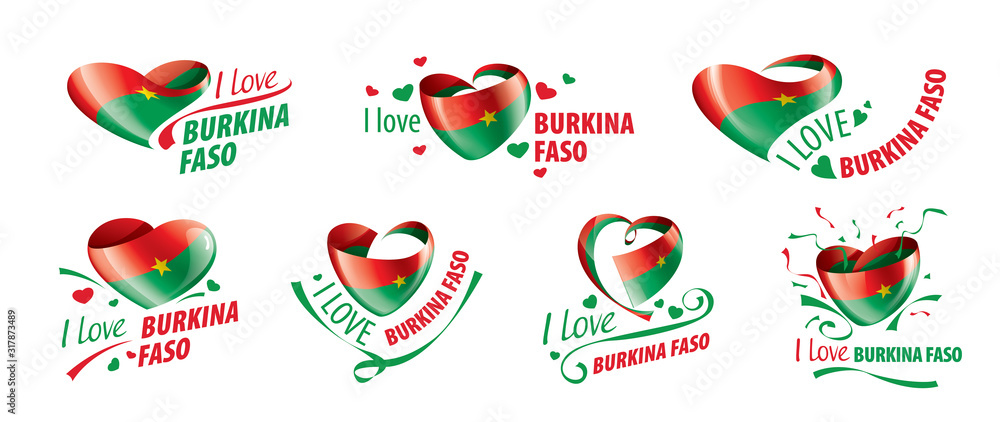 Naklejka premium National flag of the Burkina Faso in the shape of a heart and the inscription I love Burkina Faso. Vector illustration