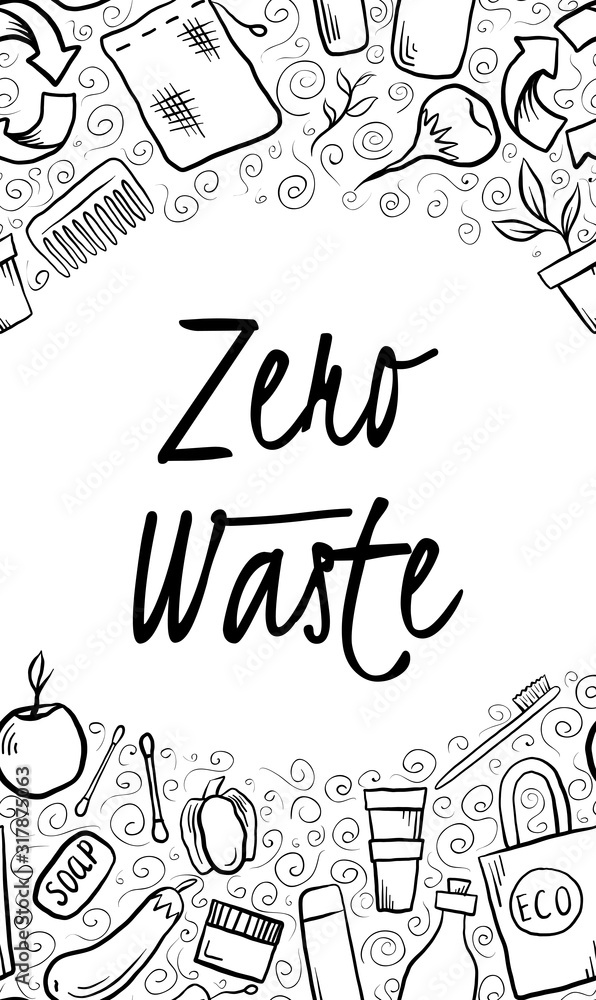 Vertical card with hand drawn Zero Waste objects, curl pattern and lettering. Eco bag, plant, glass bottle. Vector template for banner, invitation, card and your design.