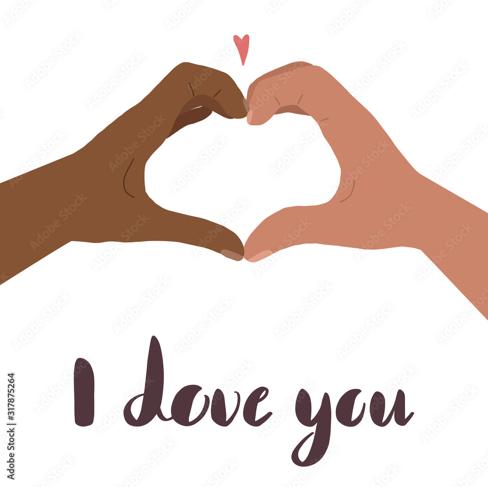 Obraz premium I love you. Hand drawn flat illustration of two hands with a heart shape and lettering. Pair of man and woman. Love couple. Card for Valentines Day. Vector greeting card for your creativity