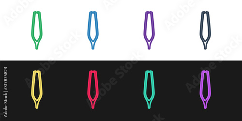 Set line Eyebrow tweezers icon isolated on black and white background. Cosmetic tweezers for ingrown hair. Vector Illustration