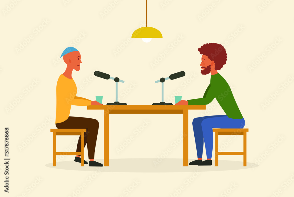 Podcast in studio. Guy and girl communicate on conceptual topics. Flat design. Vector illustrator. Podcast in studio. Guy and girl communicate on conceptual topics. Flat design. Vector illustrator.