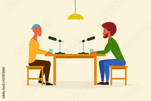 Podcast in studio. Guy and girl communicate on conceptual topics. Flat design. Vector illustrator.