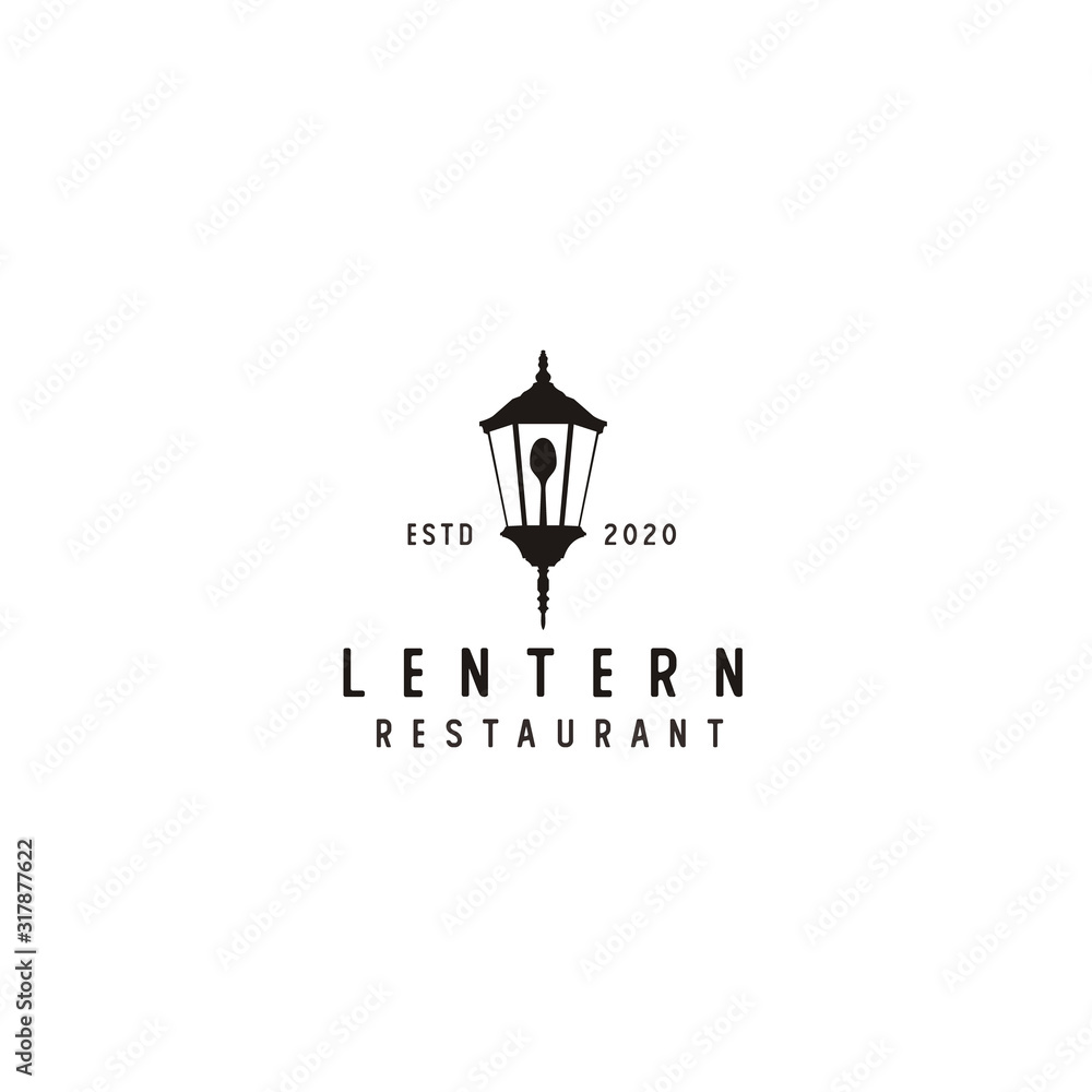 Old Lantern with spoon for restaurant vintage logo design.