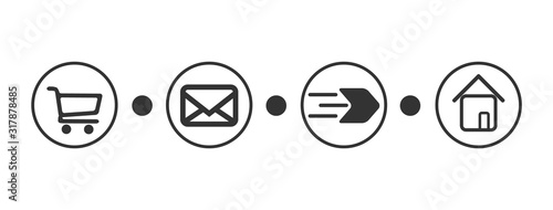 Order delivery status, post parcel package tracking vector icons. Order parcel processing bar, ship, in transit and delivery signs for express courier delivery app and web flat simple icons