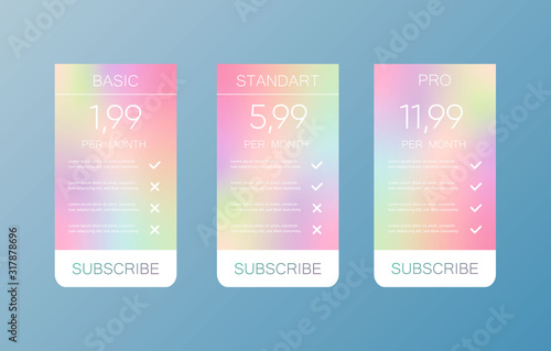 Comparison pricing list. Comparing price or product plan chart. Services cost table vector infographics template.