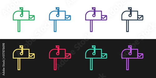 Set line Open mail box icon isolated on black and white background. Mailbox icon. Mail postbox on pole with flag. Vector Illustration