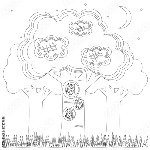 Family of owls on a tree, coloring book for children, black outline white background, vector illustration