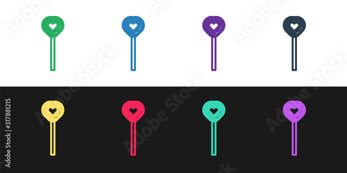 Set line Lollipop icon isolated on black and white background. Candy sign. Food, delicious symbol. Valentines day. Love symbol. Vector Illustration