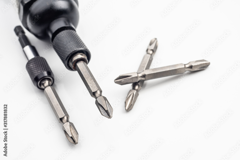old Magnetic Impact Screwdriver Drill Bits on white background old Magnetic Impact Screwdriver Drill Bits on white background