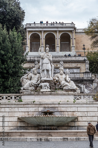 View of fountain of Rome's Goddess and Terrace de Pincio (Terrazza del Pincio) near People Square (Piazza del Popolo) in Rome, Italy.