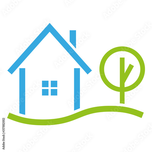 Familienhaus, Wiese und Baum, Immobilien Hintergrund