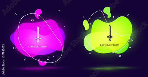 Line Medieval sword icon isolated on black background. Medieval weapon. Abstract banner with liquid shapes. Vector Illustration