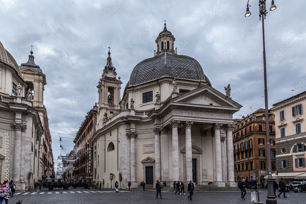 People's Square ( Piazza del Popolo ), Churches of Santa Maria in Montesanto and Santa Maria dei Miracoli, Rome architecture and landmark, in  Rome, Italy