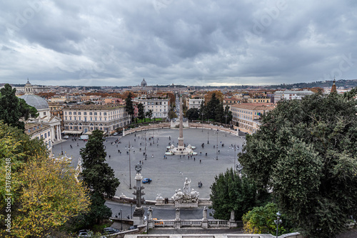 People's Square ( Piazza del Popolo ) top wiew, ( aerial view ), Egyptian obelisk of Ramesses II, Rome architecture and landmark, in Rome, Italy