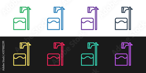 Set line Executioner axe in tree block icon isolated on black and white background. Hangman, torturer, executor, tormentor, butcher, headsman. Vector Illustration