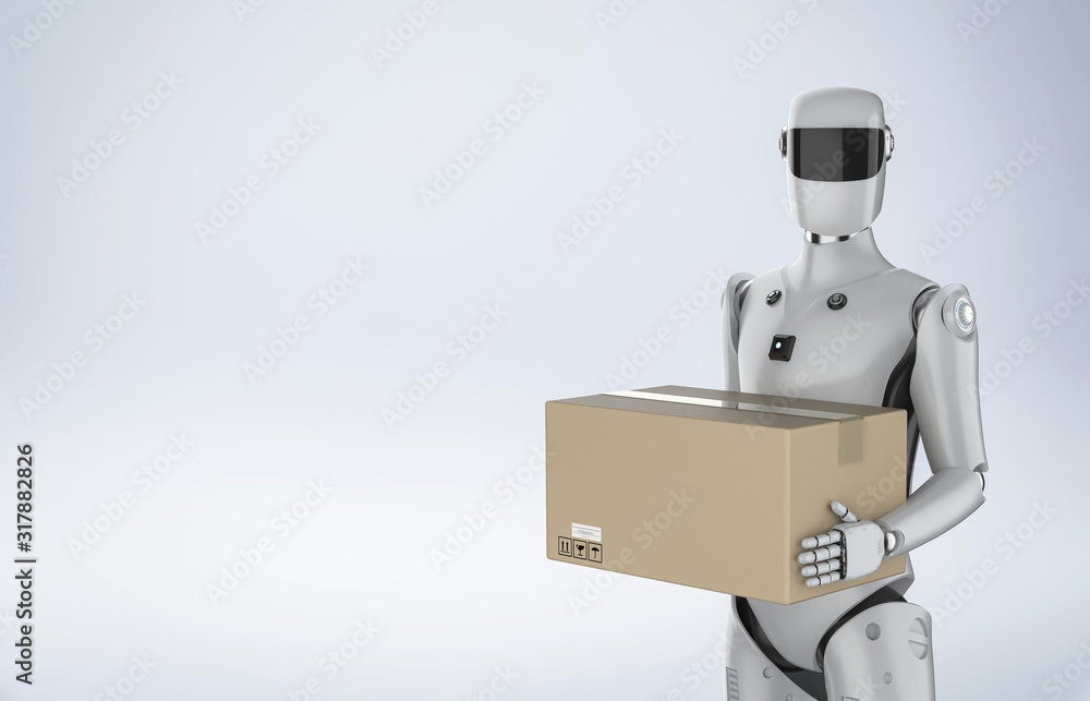 Naklejka premium artificial intelligence cyborg or robot with box