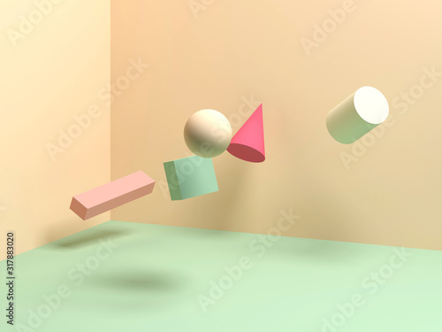 Tableau sur toile Levitating primitive geometric shapes. Zero gravity, 3d rendering