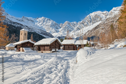 Wonderful winter landscape with snow in italian Alps. Macugnaga, Italy