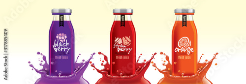 Fruit juice splash bottle set, blackberry, strawberry, orange sticker design.